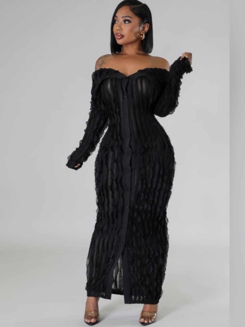 Sheer Button Down Dress with Ruffles - Picture 2 of 4